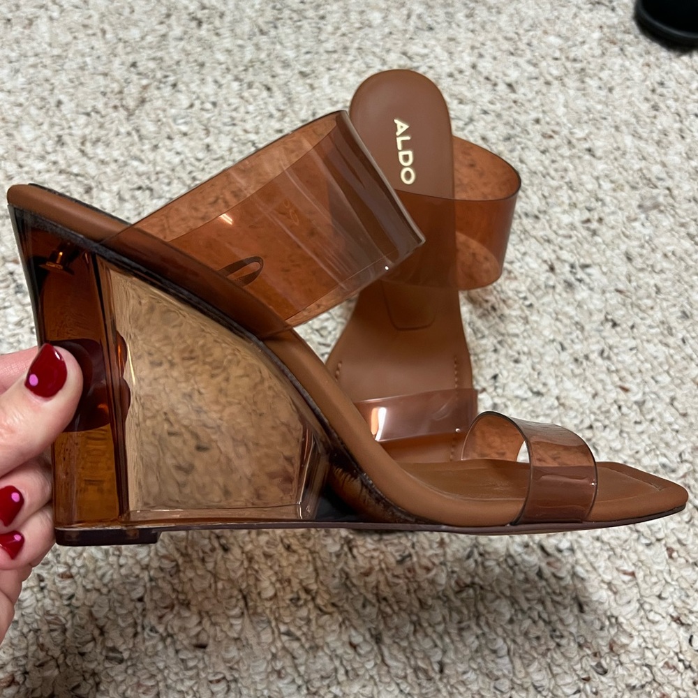 ALDO Acrylic Cognac Brown Wedge Sandals